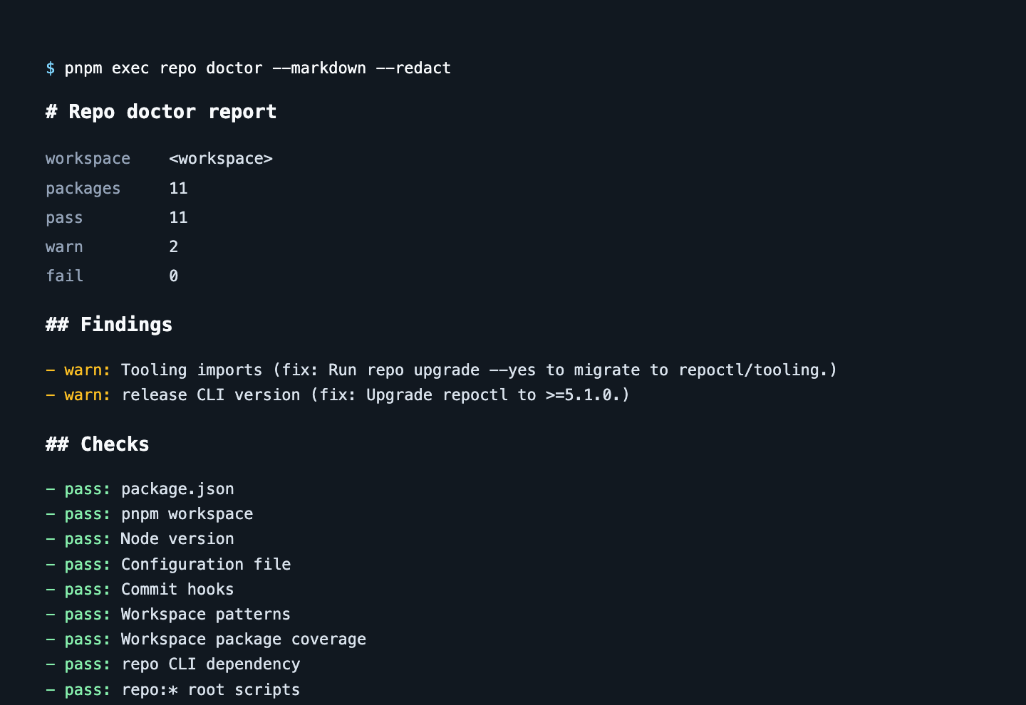 A real repoctl doctor report showing repository checks and findings